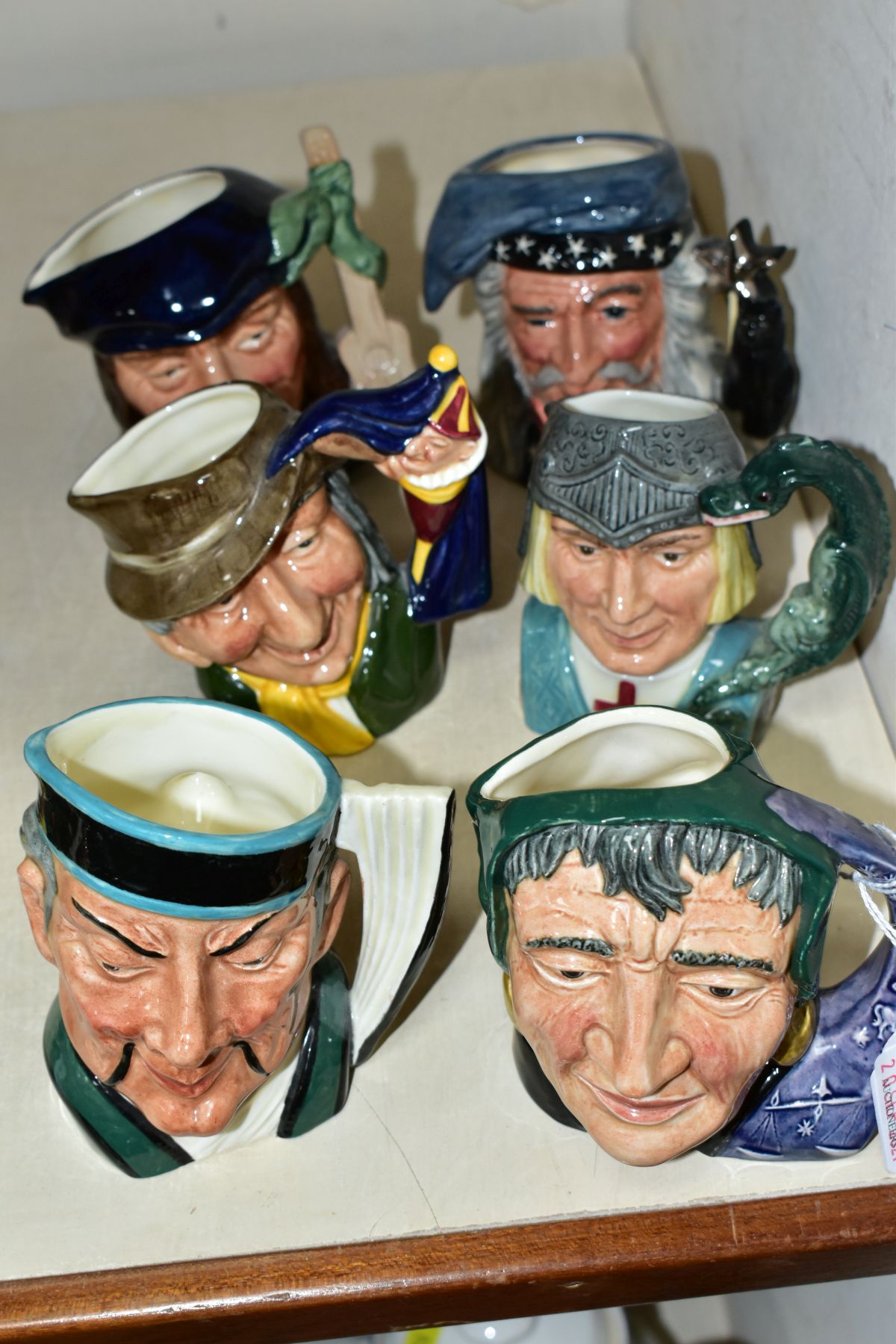 SIX SMALL ROYAL DOULTON CHARACTER JUGS, The Fortune Teller D6503 style one, Mikado D6507, Punch &