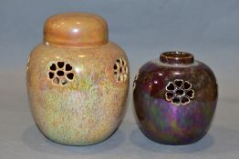 RUSKIN POTTERY, a brown lustre reticulated ginger/pot pourri jar, missing lid, the body pierced with