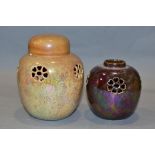 RUSKIN POTTERY, a brown lustre reticulated ginger/pot pourri jar, missing lid, the body pierced with