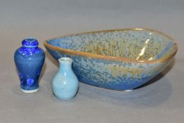 RUSKIN STYLE CERAMICS, comprising a miniature crackle glaze baluster vase in duck egg blue glaze,