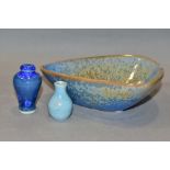 RUSKIN STYLE CERAMICS, comprising a miniature crackle glaze baluster vase in duck egg blue glaze,