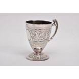 A LATE VICTORIAN SILVER CHRISTENING CUP, with oval vacant cartouche flanked by dragons and scrolling