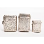 TWO LATE VICTORIAN SILVER VESTAS AND AN EDWARDIAN SILVER VESTA, each of the Victorian vestas with an