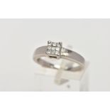 A PLATINUM DIAMOND RING, designed with a square cluster of nine princess cut diamonds, stamped