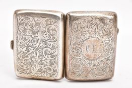 A SILVER CIGARETTE CASE, engraved foliate design to the front and back, engraved monogram, push