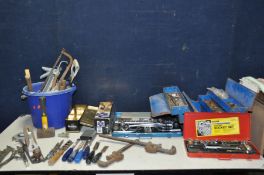 A METAL TOOLBOX, A BUCKET AND TWO PARTIAL SOCKET SETS including tools including two Stilson's, two