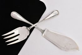 A PAIR OF WHITE METAL FISH SERVERS, to include a fish knife and fork, each with an engraved monogram