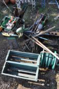 A QUANTITY OF GARDEN TOOLS/HAND TOOLS, including shovels and forks etc, two green rectangular