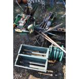 A QUANTITY OF GARDEN TOOLS/HAND TOOLS, including shovels and forks etc, two green rectangular