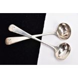 TWO GEORGIAN SILVER MUSTARD SPOONS, each of an old English pattern design, engraved initials to