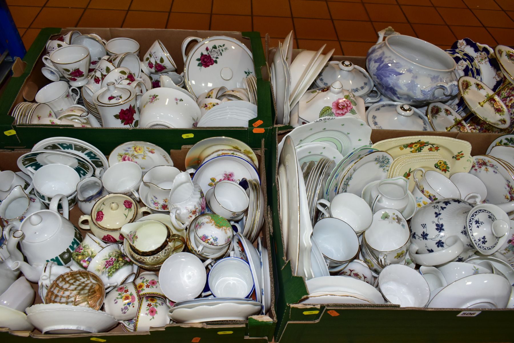 FOUR BOXES OF ASSORTED TEA AND DINNERWARES to include James Kent Ltd Old Foley Chintzware,