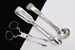 A PAIR OF EARLY VICTORIAN SILVER SUGAR TONGS, A SUGAR SIFTER SPOON AND ANOTHER PAIR OF SUGAR