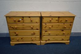 A PAIR OF MODERN PINE CHEST OF TWO OVER THREE LONG DRAWERS, width 80cm x depth 43cm x height 83cm