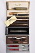 A SELECTION OF PENS, to include a boxed 'Parker 51' gold-plated lid with a black lacquer body, a