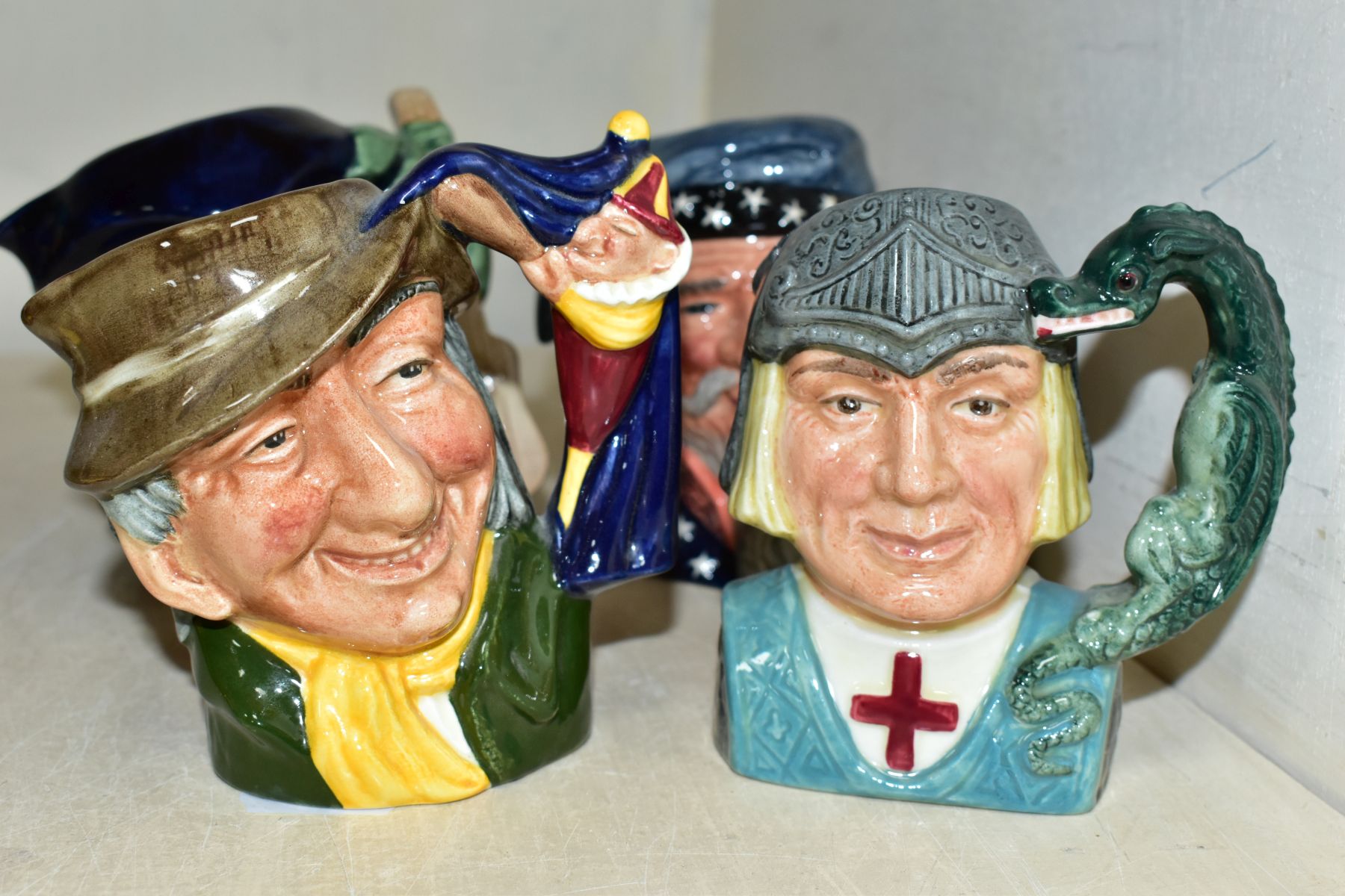 SIX SMALL ROYAL DOULTON CHARACTER JUGS, The Fortune Teller D6503 style one, Mikado D6507, Punch & - Image 3 of 5