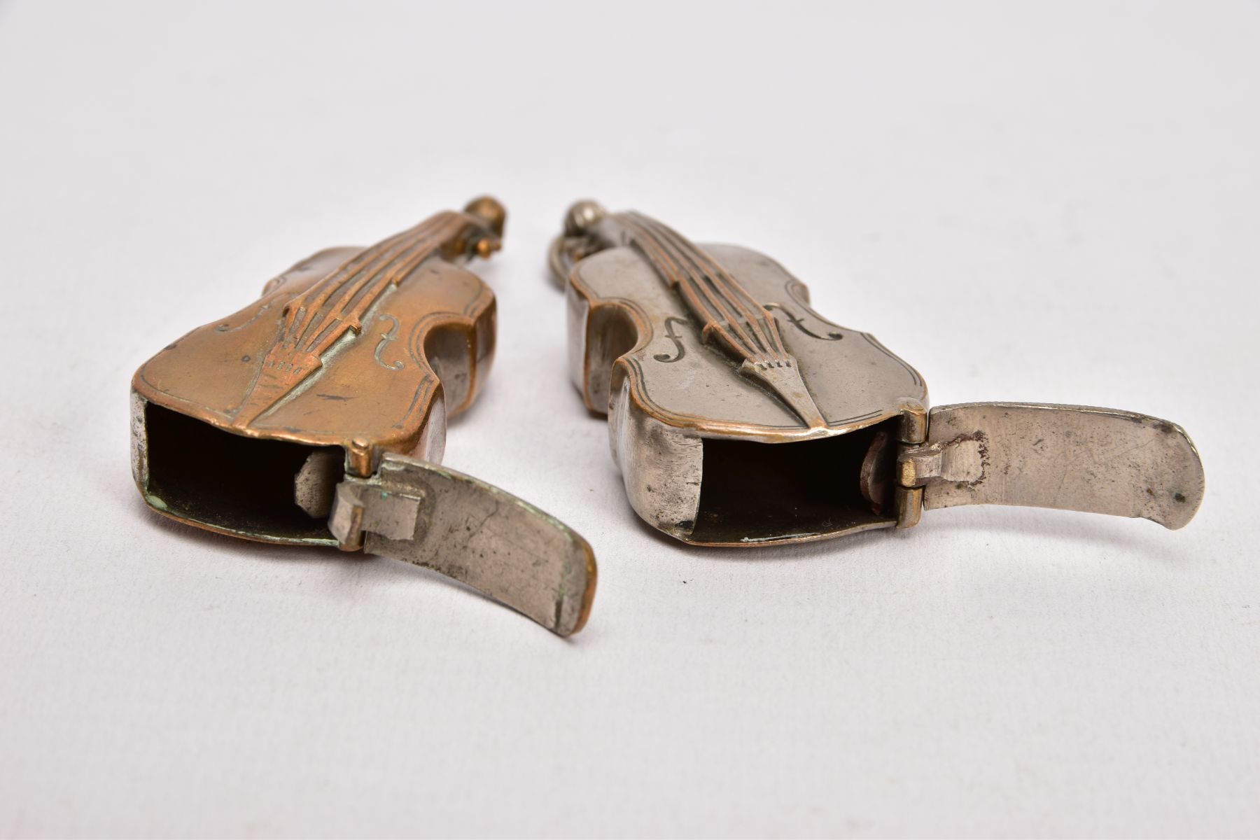 TWO BRASS VIOLIN VESTA CASES, both with hinged sprung striker bases, one with suspension loop, - Image 5 of 5