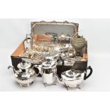 A BOX OF ASSORTED WHITE METAL WARE, to include a large rectangular tray fitted with double