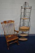 A MODERN TALL METAL FRAMED AND WICKER WHAT NOT and a spindle back rocking chair (2)