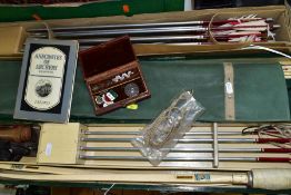 A VINTAGE BOW, ARROWS AND OTHER ARCHERY EQUIPMENT to include an Apollo Merlin bow in a green