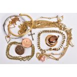 A BAG OF MOSTLY COSTUME JEWELLERY, to include a silver hinged bangle, decorated with a rose gold