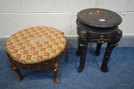 A ORIENTAL EBONISED LAMP TABLE, diameter 30cm x height 47cm along with a circular footstool (2) (the