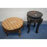 A ORIENTAL EBONISED LAMP TABLE, diameter 30cm x height 47cm along with a circular footstool (2) (the