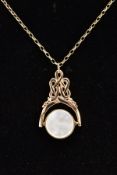 A 9CT GOLD MOTHER OF PEARL AND OYNX FOB PENDANT NECKLACE, swivel fob set with mother of pearl and