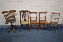 AN EARLY TO MID 20TH CENTURY OAK SPINDLE BACK SWIVEL OFFICE CHAIR, along with an Edwardian