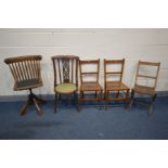 AN EARLY TO MID 20TH CENTURY OAK SPINDLE BACK SWIVEL OFFICE CHAIR, along with an Edwardian