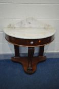 A VICTORIAN MAHOGANY DEMI LUNE WASHSTAND, with a marble top and raised back, width 92cm x depth 46cm