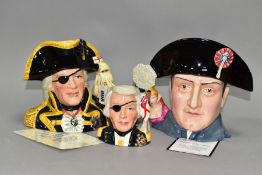 TWO LARGE AND ONE SMALL ROYAL DOULTON CHARACTER JUGS, comprising Vice-Admiral Lord Nelson D6932 (