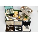 A BOX OF ASSORTED SETS AND LOOSE CUTLERY, to include a cased set of six mother of pearl handle