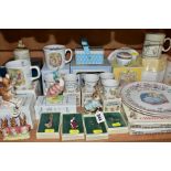 A COLLECTION OF BEATRIX POTTER RELATED CERAMICS, PRINTS AND COSTUME JEWELLERY, ETC, including a