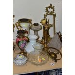 LIGHTING ACCESSORIES, ETC, to include a cut glass oil lamp base, ceramic and gilt metal lamp