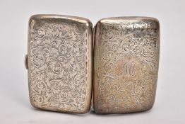 AN EDWARDIAN SILVER CIGARETTE CASE, rounded rectangular form, engraved foliate design, engraved