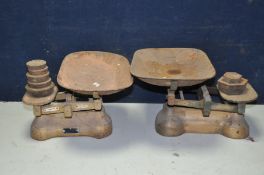 TWO VINTAGE GROCERS SCALES one marked W&T Avery, the other has label overpainted along with 7