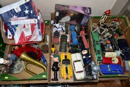 FOUR BOXES OF ASSORTED VINTAGE AND MODERN TOYS, MODERN FLAGS, METALWARES etc, tin plate, plastic,