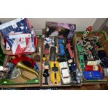 FOUR BOXES OF ASSORTED VINTAGE AND MODERN TOYS, MODERN FLAGS, METALWARES etc, tin plate, plastic,