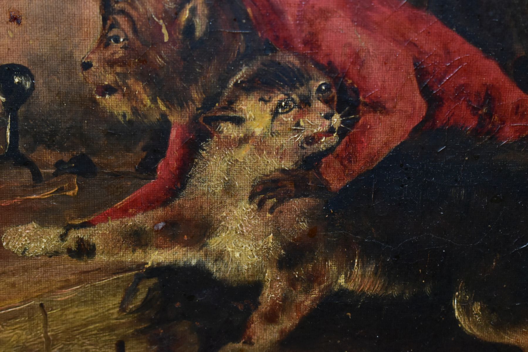 TWO 19TH CENTURY SCHOOL OILS ON CANVAS, the first depicts a dog wearing a red jacket torturing a cat - Image 4 of 4