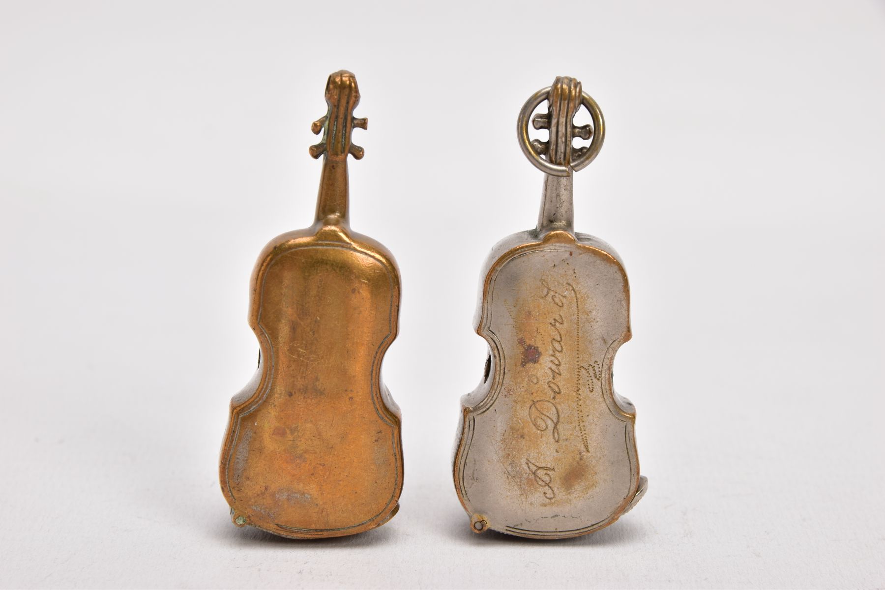TWO BRASS VIOLIN VESTA CASES, both with hinged sprung striker bases, one with suspension loop, - Image 2 of 5