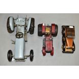 TWO MODELS OF VINTAGE TRACTORS AND ONE MODEL OF A VINTAGE CAR comprising grey metal Ferguson tractor