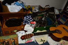 THREE BOXES AND LOOSE METALWARES, LINENES, GUITAR, RECORD PLAYER, ETC, to include 'Leonora'