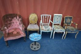 A FIVE VARIOUS CHAIRS, to include four various French chairs, a Victorian buttoned bedroom chair,