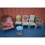 A FIVE VARIOUS CHAIRS, to include four various French chairs, a Victorian buttoned bedroom chair,