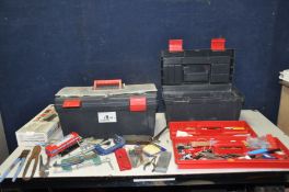 TWO PLASTIC TOOLBOXES CONTAINING TOOLS including tin snips, g clamps, needle files, pipe wrenches,