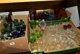 THREE BOXES OF GLASSWARES, to include a box of vintage bottles including an E Dawes, West Bromwich