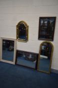 FIVE VARIOUS WALL MIRRORS, to include two various shaped gilt framed mirrors, largest mirror size,