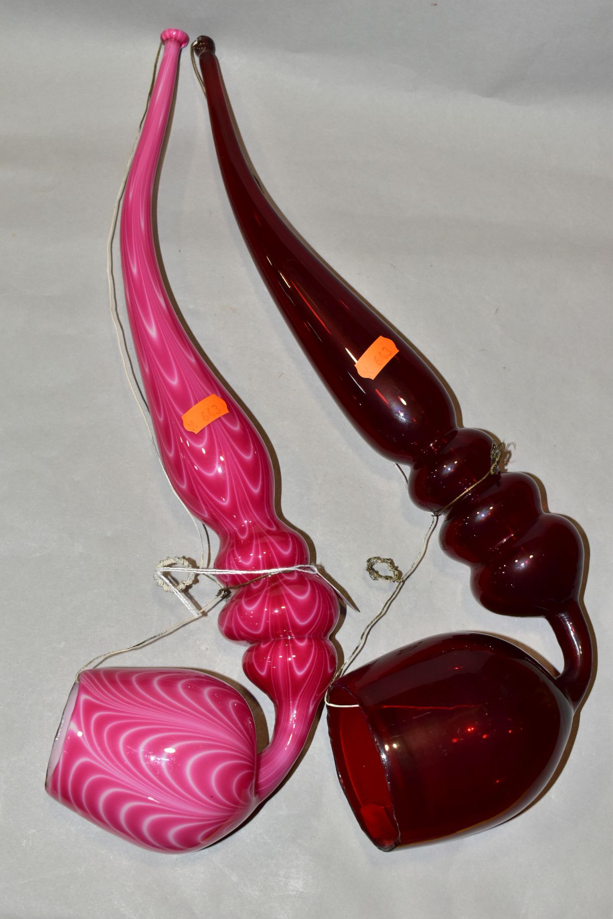 TWO 19TH CENTURY COLOURED GLASS OVERSIZED PIPES, one in ruby glass, the other in opaque pink with - Image 7 of 15