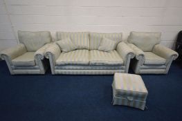 A FOUR PIECE LOUNGE SUITE, comprising a mint green and hessian stripped sofa, matching stool with