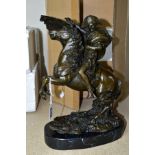 A REPRODUCTION BRONZE OF NAPOLEON ON HORSEBACK, with marble style plinth, approximately 29cm x